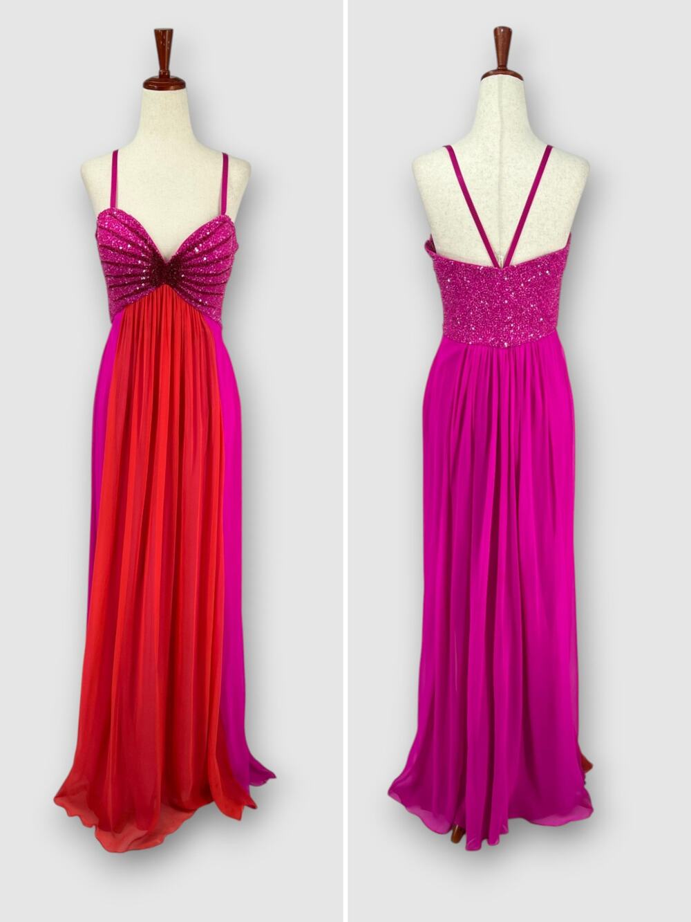 Y2k Vintage Scala Hot Pink Colorblock Sequin Silk Gown Beaded Bodice Size 6